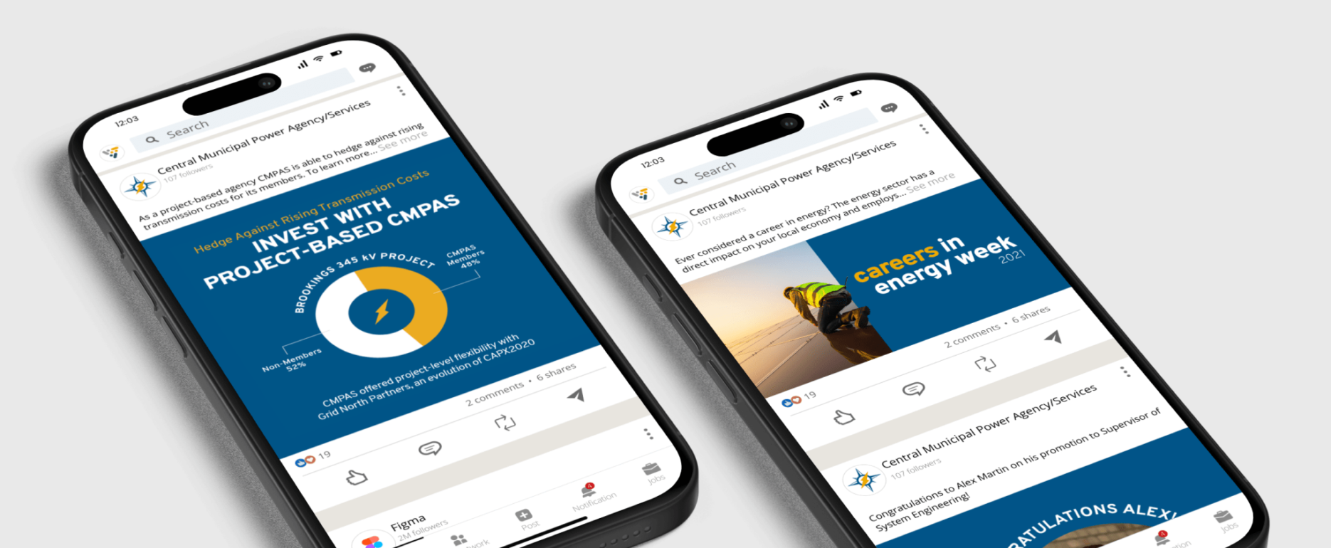 CMPAS organic social posts mocked up on 2 cellphone screens. The cellphone are lying on a gray background and show a Linkedin feed with the posts.