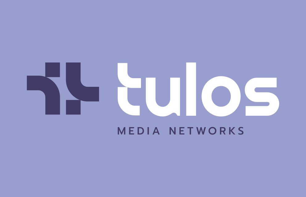 Horizontal lockup of the Tulos Media Networks Logo on a lavender background.