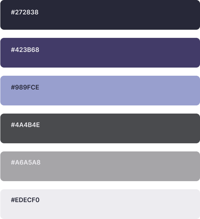 Tulos Brand Colors: Dark Gray Purple #272838, Deep Purple #423b68, Lavender #989fce, Dark Gray #4a4b4e, Medium Gray #a6a5a8, Light Gray #edecf0