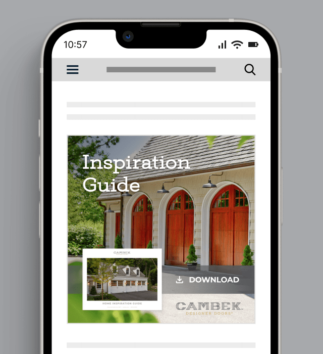 Paid social ad mocked up on a cellphone. The ad says "Inspiration Guide | Download" with a photo of garage doors and the document cover.