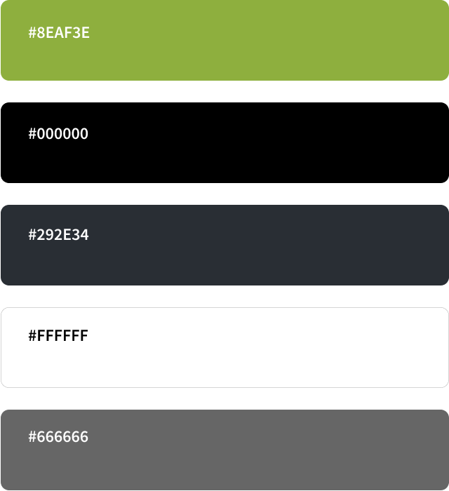 5 Brand Colors: Green, Black, Dark Gray, White, Medium Gray