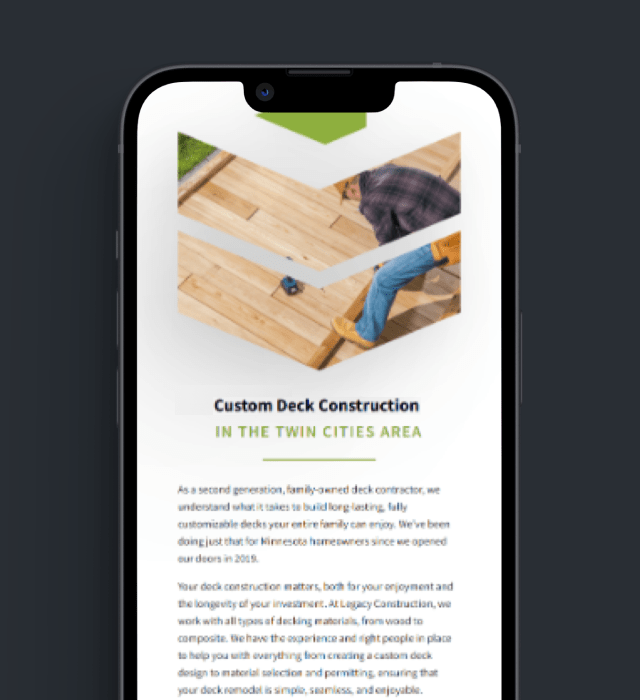 Legacy Construction mobile webpage mocked up on a cellphone to display the page's responsive coding.