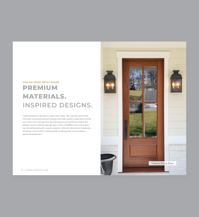 Single Page taken from the Inspiration Guide showing an image of an entry door with the text "Premium Materials. Inspired Designs."